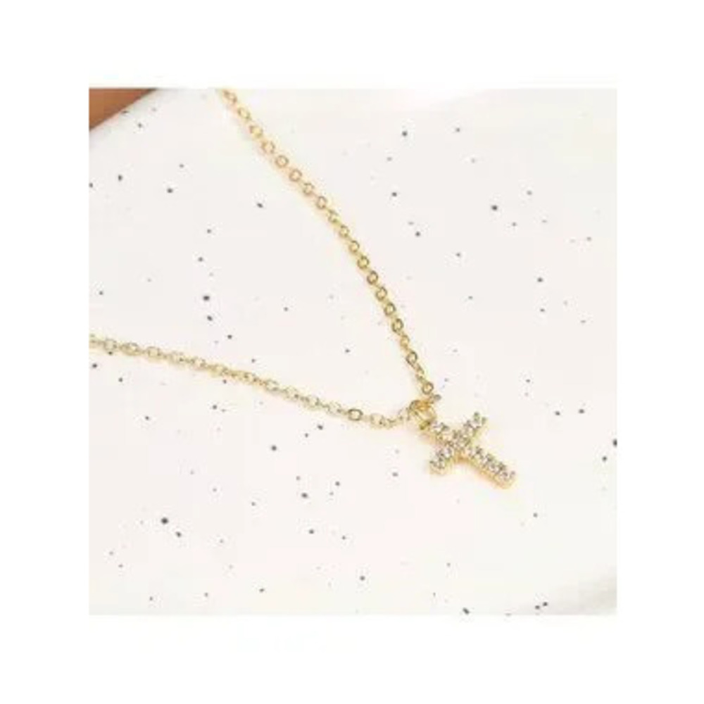 GOLD 14k Gold Plated CZ Cross Pendant Chain Necklace